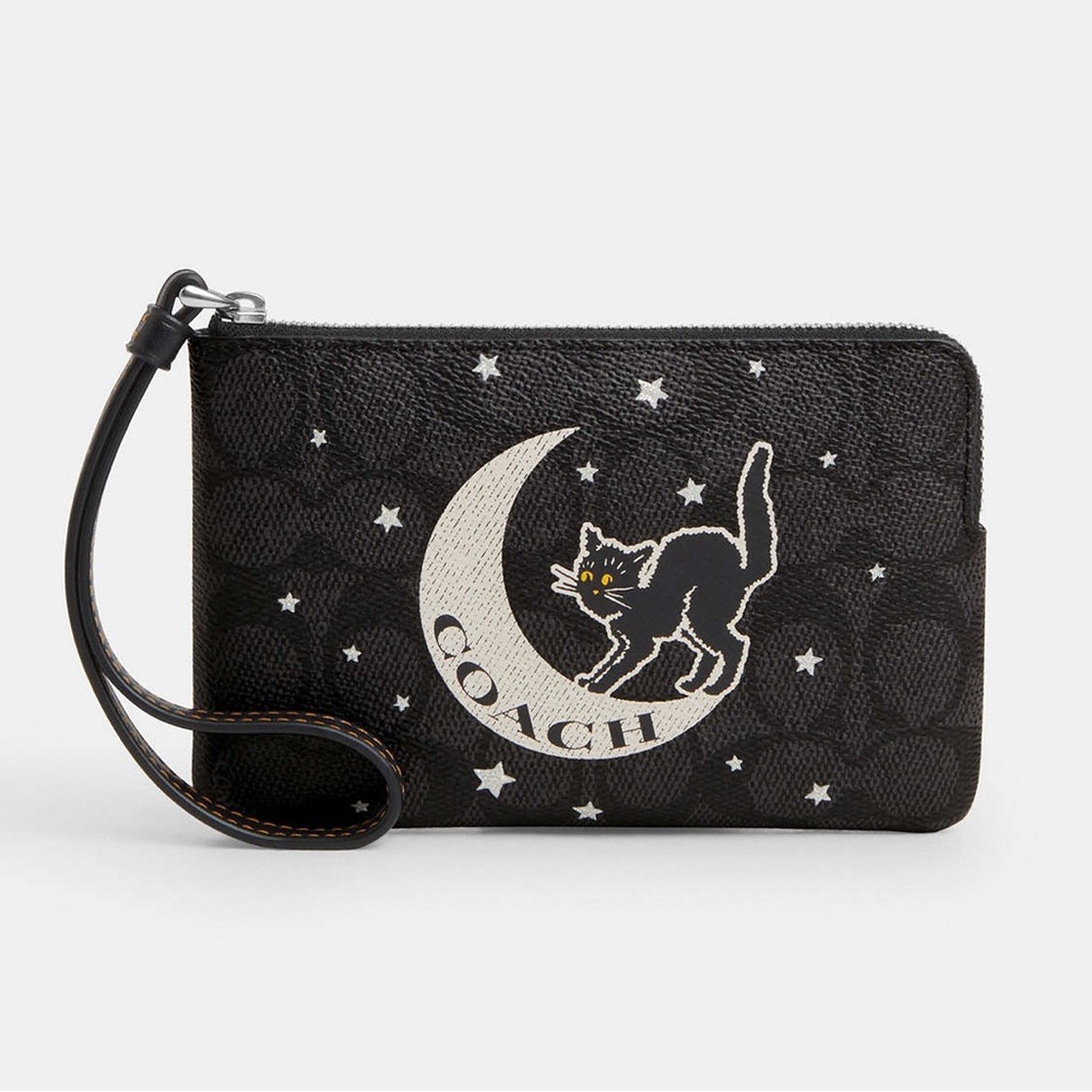 Coach Corner Zip Wristlet In Signature Canvas With Halloween Graphic CW869
